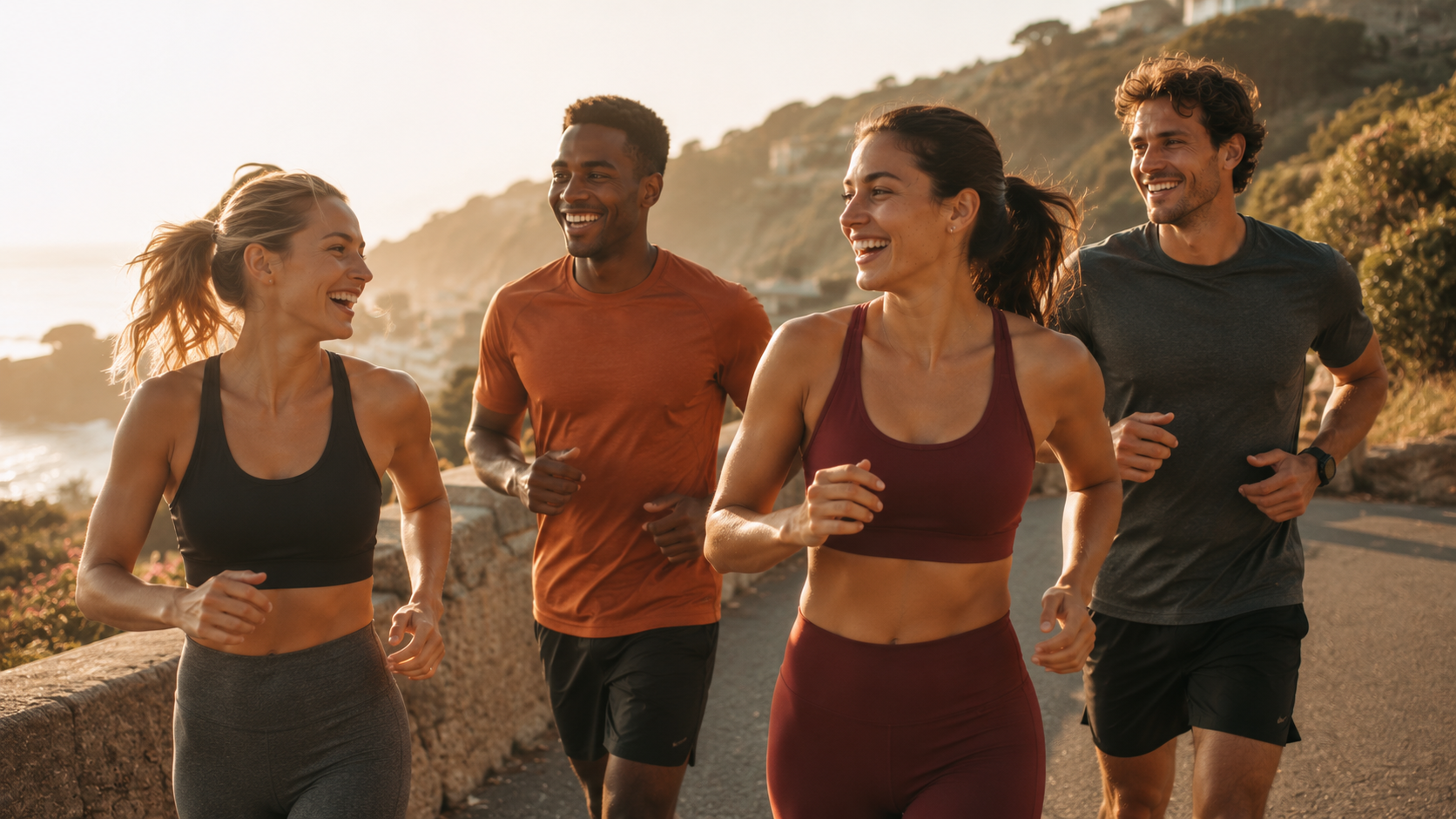 Group of friends running together along the coast at sunrise
