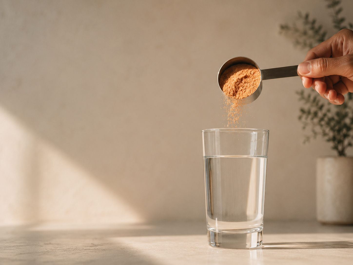 A scoop of Cue powder poured into a glass of water